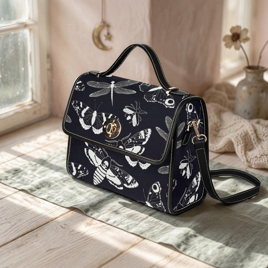 Gothic Moth Print Crossbody Bag, Witchcore Insect Purse, Dark Bug Handbag, Monochrome Moth Bag