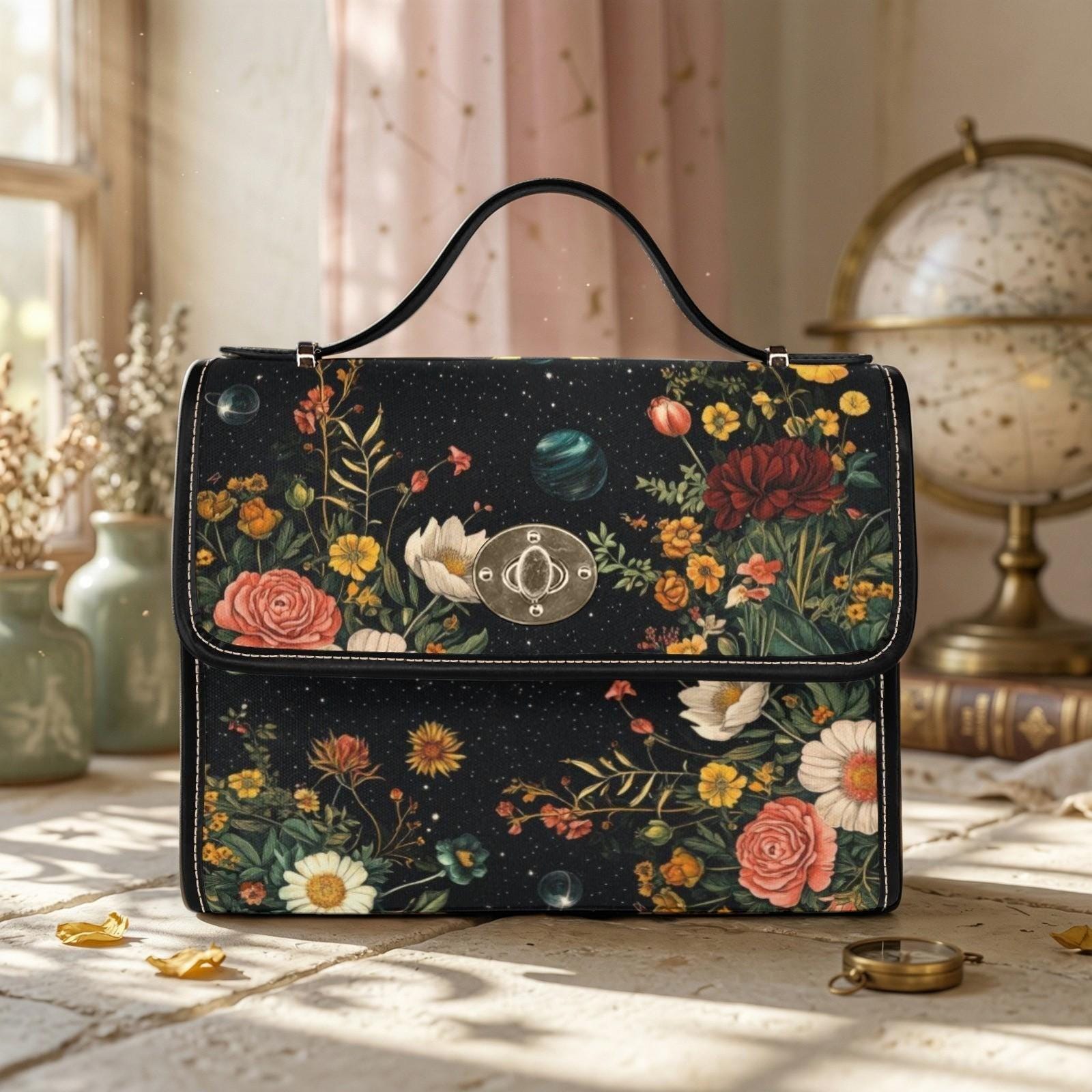 Celestial Floral Satchel Bag, Dark Botanical Top Handle Purse, Moon Garden Handbag