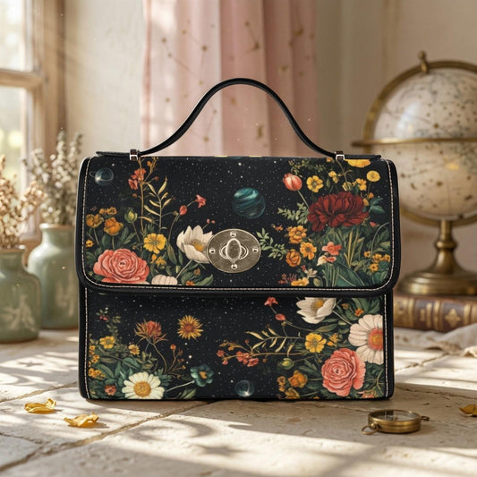 Celestial Floral Satchel Bag, Dark Botanical Top Handle Purse, Moon Garden Handbag