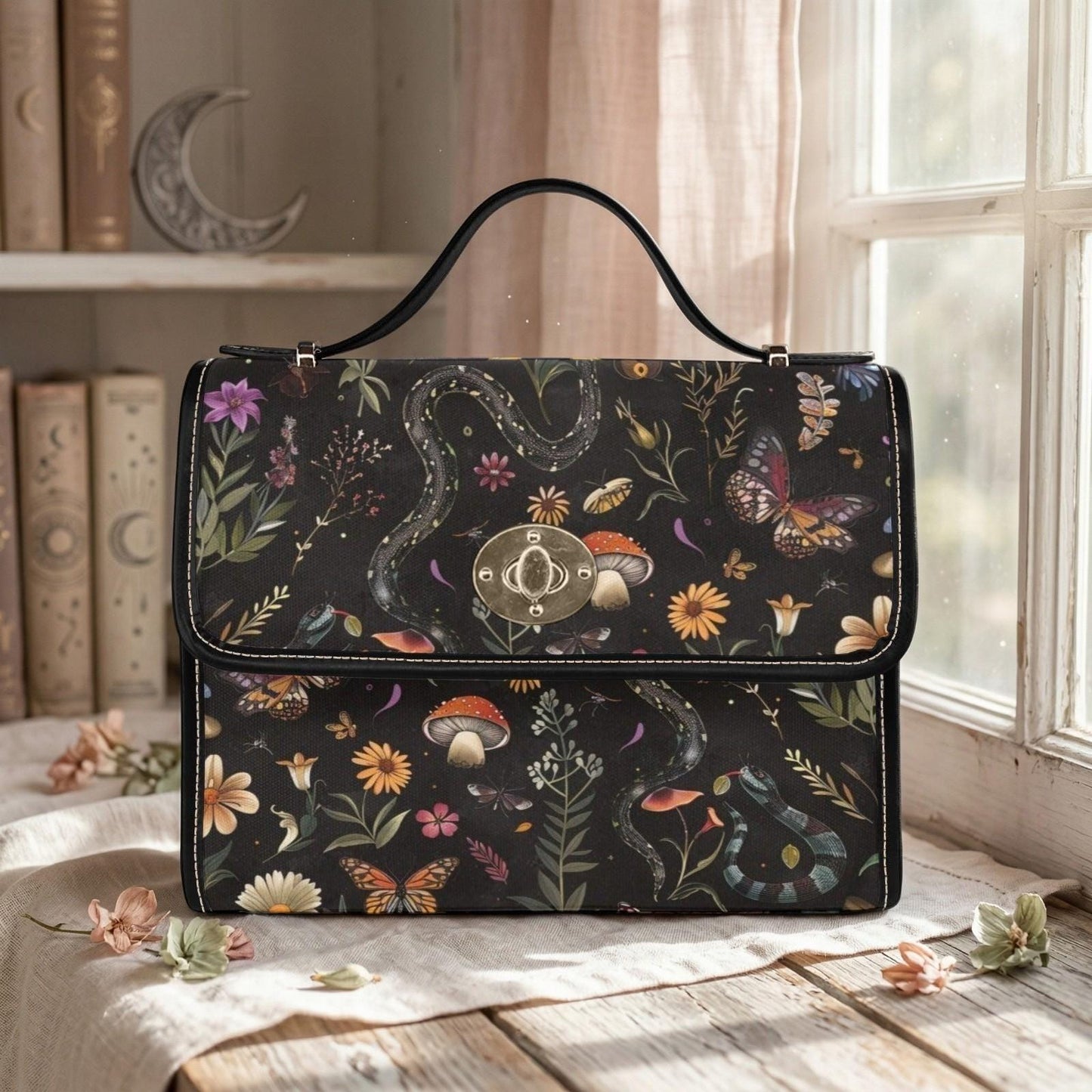 Snake Satchel Purse, Witchy Butterfly Handbag, Mushroom Floral Top Handle Bag