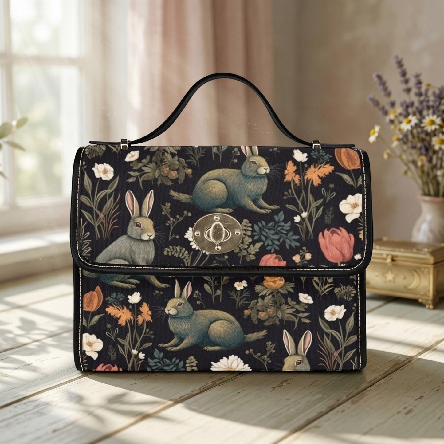 Rabbit and Wildflower Field Handbag, Cottagecore Crossbody, Enchanted Forest Purse, Spring Floral Bag