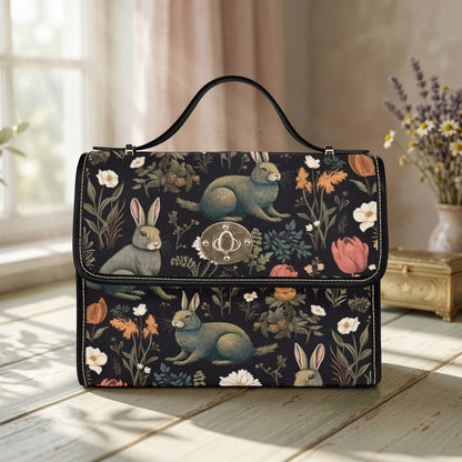 Rabbit and Wildflower Field Handbag, Cottagecore Crossbody, Enchanted Forest Purse, Spring Floral Bag