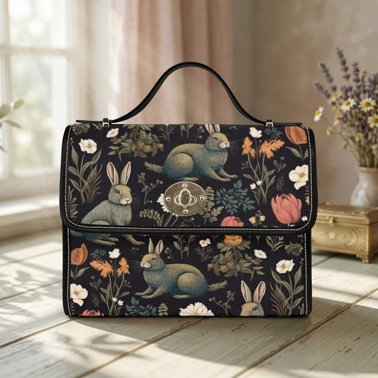Rabbit and Wildflower Field Handbag, Cottagecore Crossbody, Enchanted Forest Purse, Spring Floral Bag