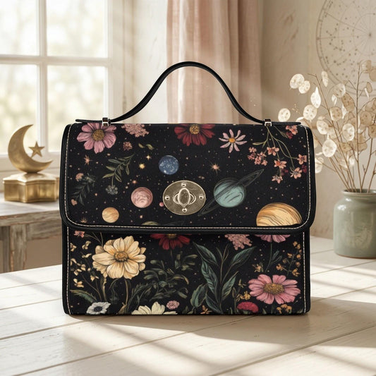 Celestial planets and floral purse, cosmic garden handbag, witchy space bag, waterproof canvas tote