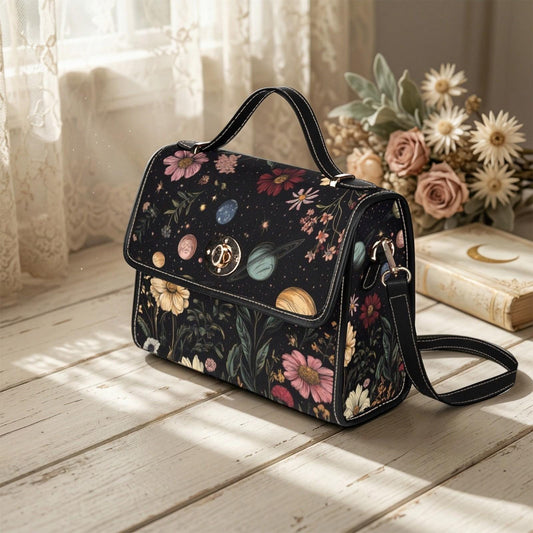 Celestial planets and floral purse, cosmic garden handbag, witchy space bag, waterproof canvas tote