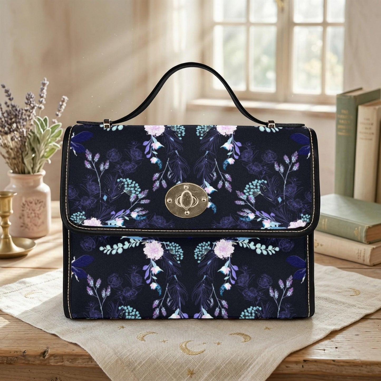 Bee Crossbody Purse, Night Garden Handbag, Dark Floral Statement Bag