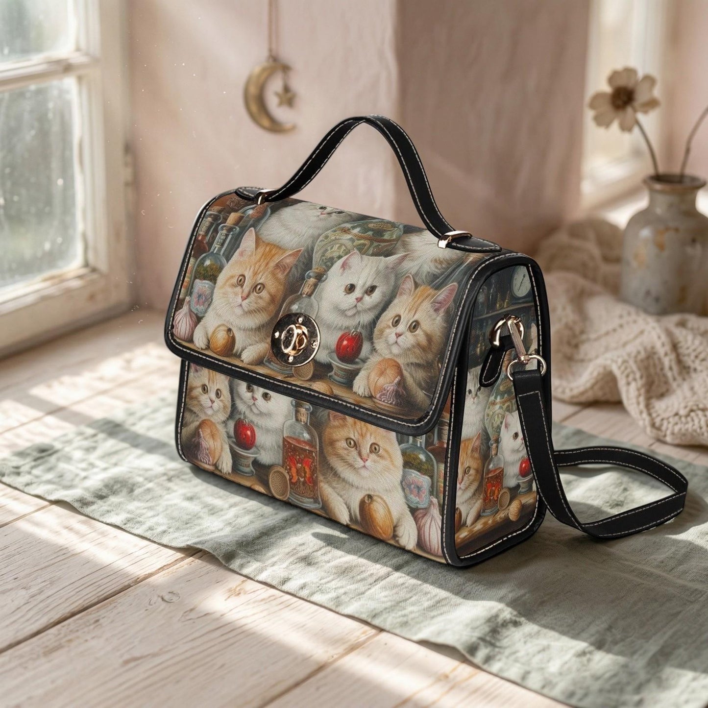 Cat Lover Purse with Kittens, Witchy Apothecary Handbag, Cute Top Handle Bag