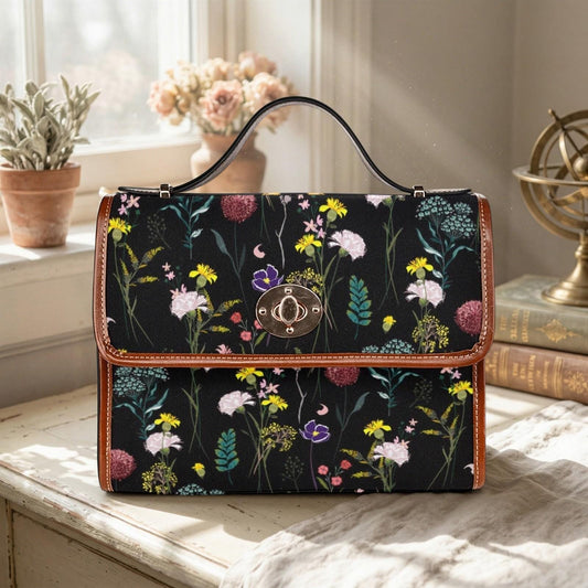Black Wildflower Cottagecore Crossbody Bag, Botanical Vegan Leather Satchel for Forest Walks