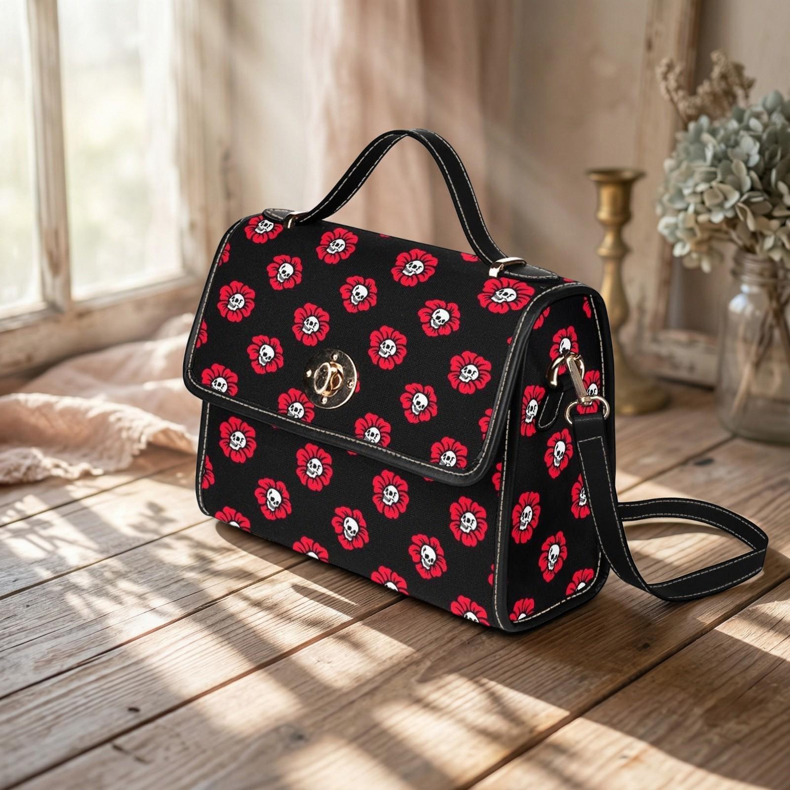 Red Poppy Skull Satchel, Gothic Floral Crossbody Bag, Waterproof Canvas with Vegan Leather Straps