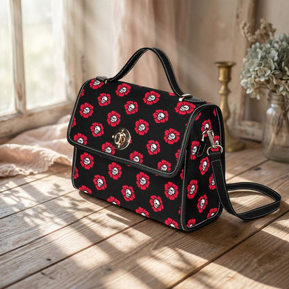 Red Poppy Skull Satchel, Gothic Floral Crossbody Bag, Waterproof Canvas with Vegan Leather Straps
