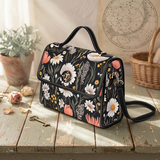 Daisy Floral Satchel, Cottagecore Handbag, Botanical Print Tote, Vegan Leather, Fairycore Bag