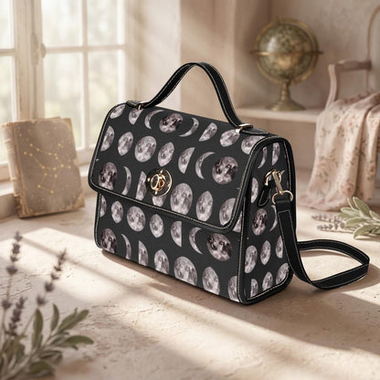 Moon Phases Print Crossbody Bag, Gothic Celestial Satchel, Witchy Lunar Purse for Night Owls