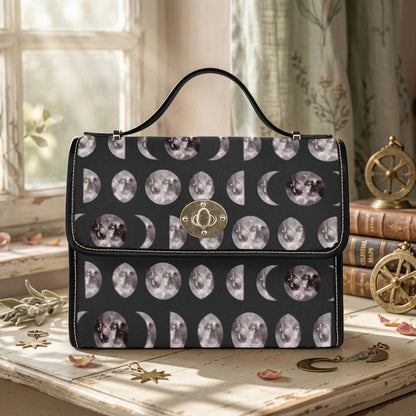 Moon Phases Print Crossbody Bag, Gothic Celestial Satchel, Witchy Lunar Purse for Night Owls
