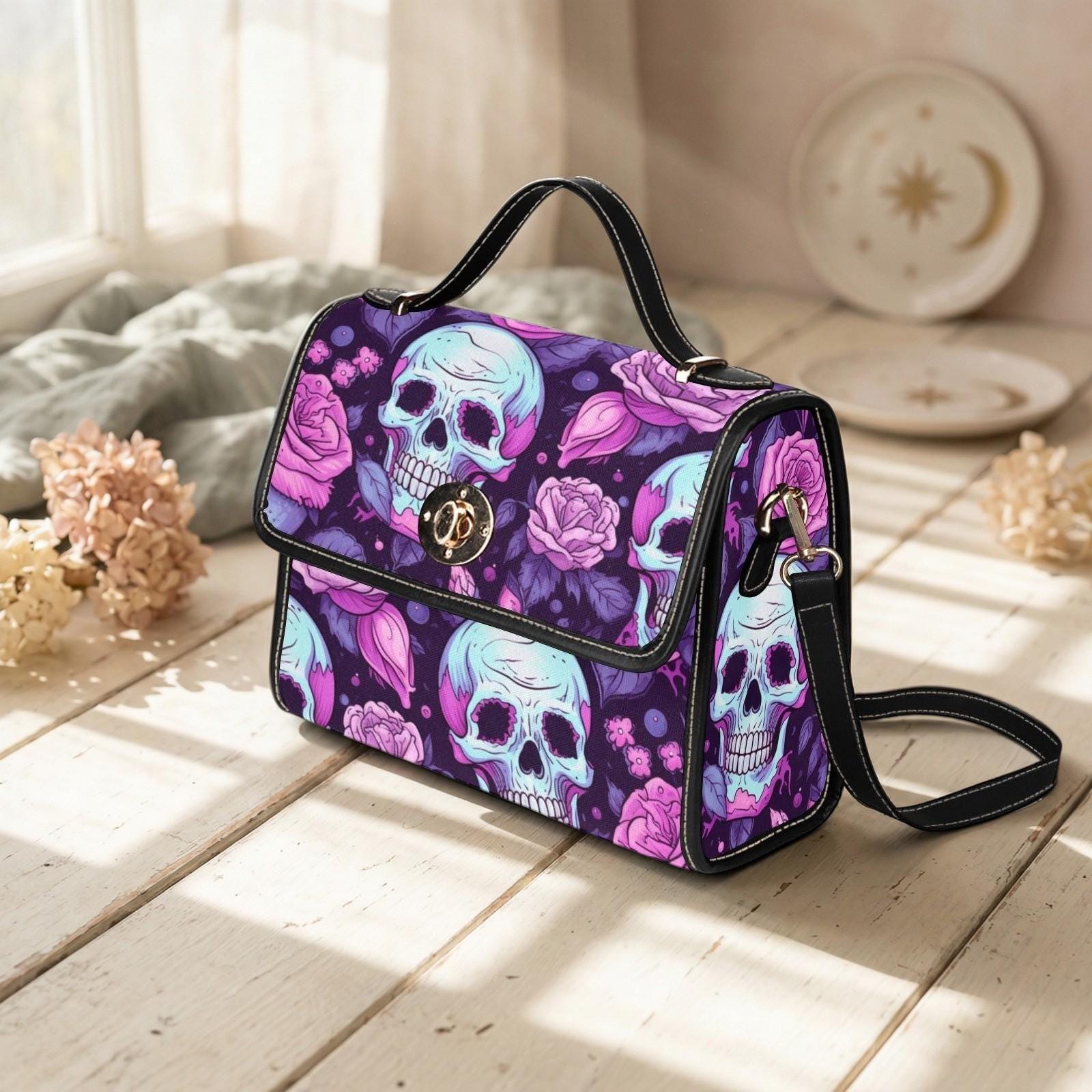 Pastel Skull Floral Crossbody Bag, Soft Goth Handbag, Witchy Accessory