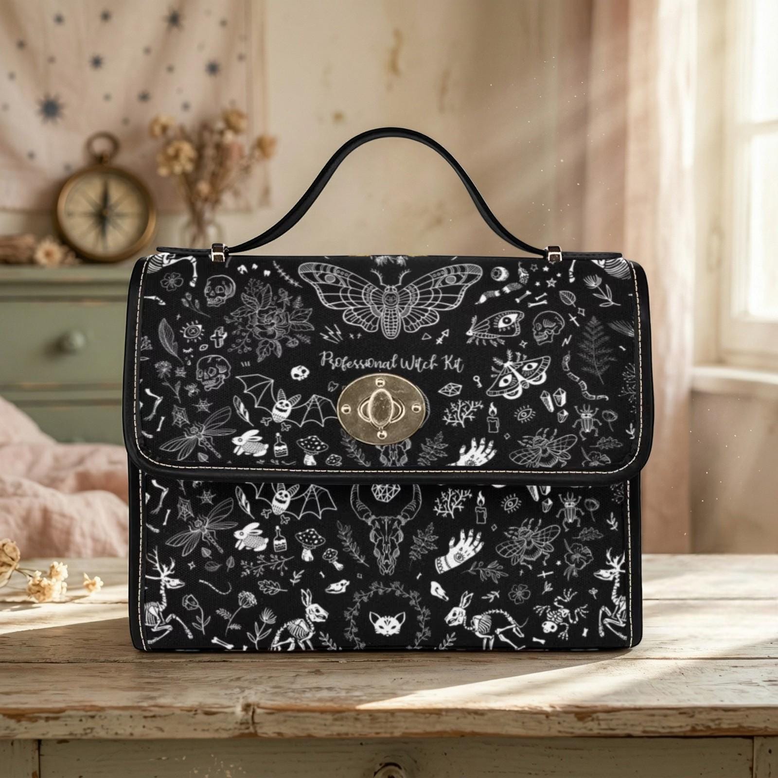 Witch symbols crossbody bag, spooky goth shoulder purse, mystical sketch witchy handbag, celestial dark aesthetic satchel, occult indie bag