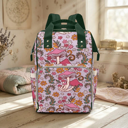 Pink mushroom floral backpack, retro flower baby diaper bag, cute whimsical mom tote