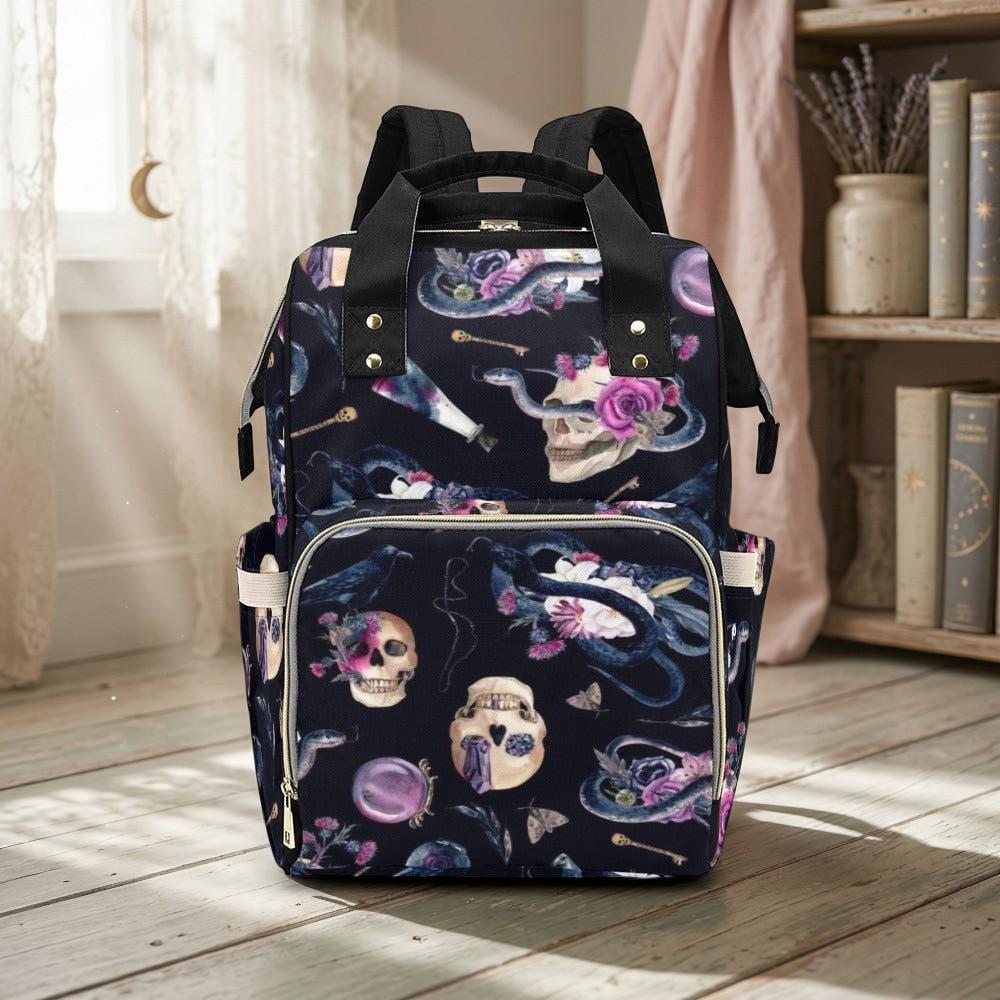 Occult Skull Backpack, Gothic Mom Diaper Bag, Witchy Fairycore Apothcary Organizer, Dark Festival Tote