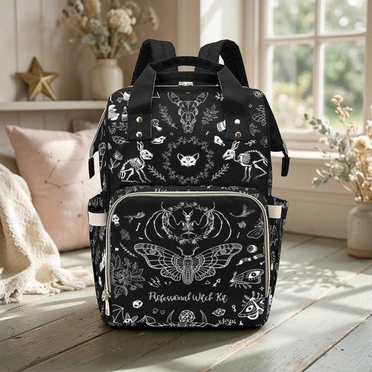 Goth moth-print diaper backpack