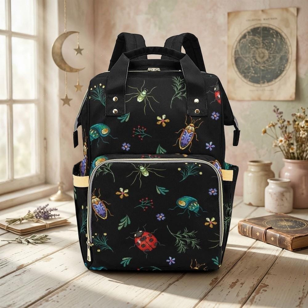 Diaper Bag Backpack with Bug Print, Mom Travel Backpack, Nursery Organizer