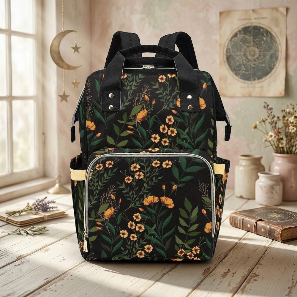 Dark Floral Diaper Backpack, Witchy Botanical Baby Travel Organizer, Cottagecore Mom Bag
