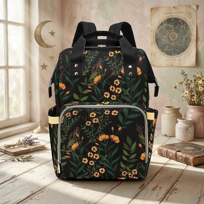 Dark Floral Diaper Backpack, Witchy Botanical Baby Travel Organizer, Cottagecore Mom Bag