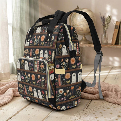 Ghost Diaper Bag Backpack, Floral Bookshelf Baby Travel Bag, Bookish Mom Backpack