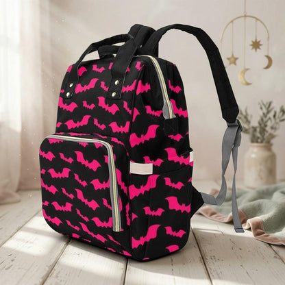 Pink Bat Diaper Bag Backpack, Spooky Halloween Mom Travel Bag, Bold Nursery Organizer