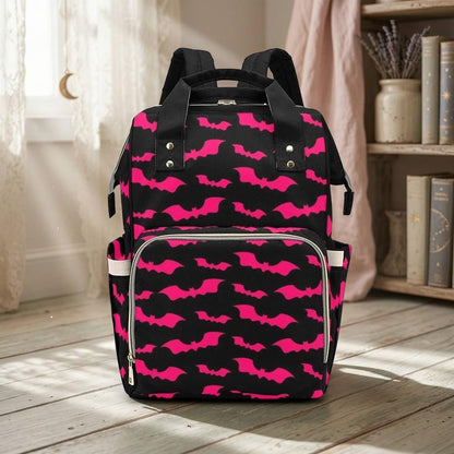 Pink Bat Diaper Bag Backpack, Spooky Halloween Mom Travel Bag, Bold Nursery Organizer