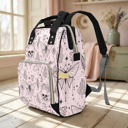 Goth Diaper Bag Backpack, Moth Skull Baby Travel Bag for Witchy Moms