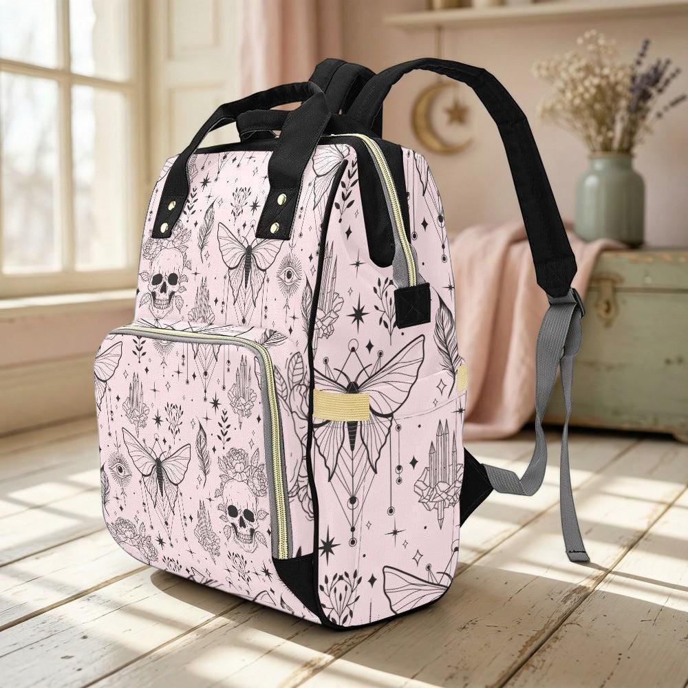 Pink Moth Print Diaper Backpack