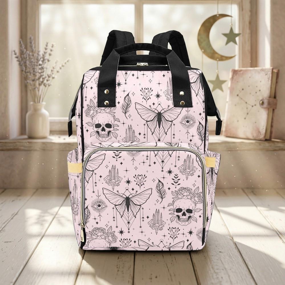 Goth Diaper Bag Backpack, Moth Skull Baby Travel Bag for Witchy Moms