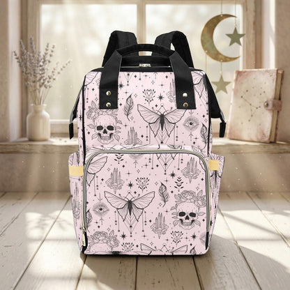 Goth Diaper Bag Backpack, Moth Skull Baby Travel Bag for Witchy Moms