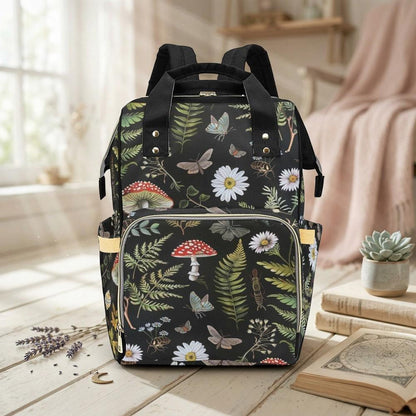 Woodland Diaper Bag Backpack, Mushroom Forest Baby Travel Pack, Botanical Nursery Organizer