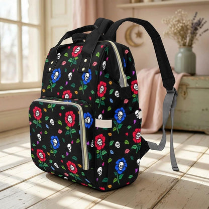 Skull Flower Diaper Backpack, Gothic Floral Baby Travel Bag, Tattoo Mom Organizer