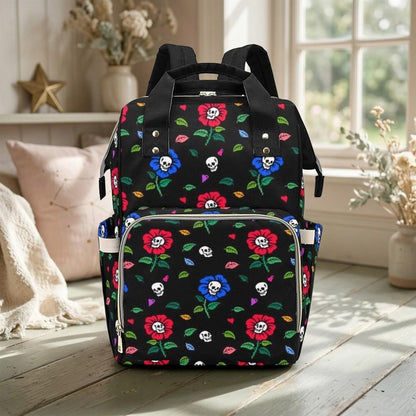 Skull Flower Diaper Backpack, Gothic Floral Baby Travel Bag, Tattoo Mom Organizer