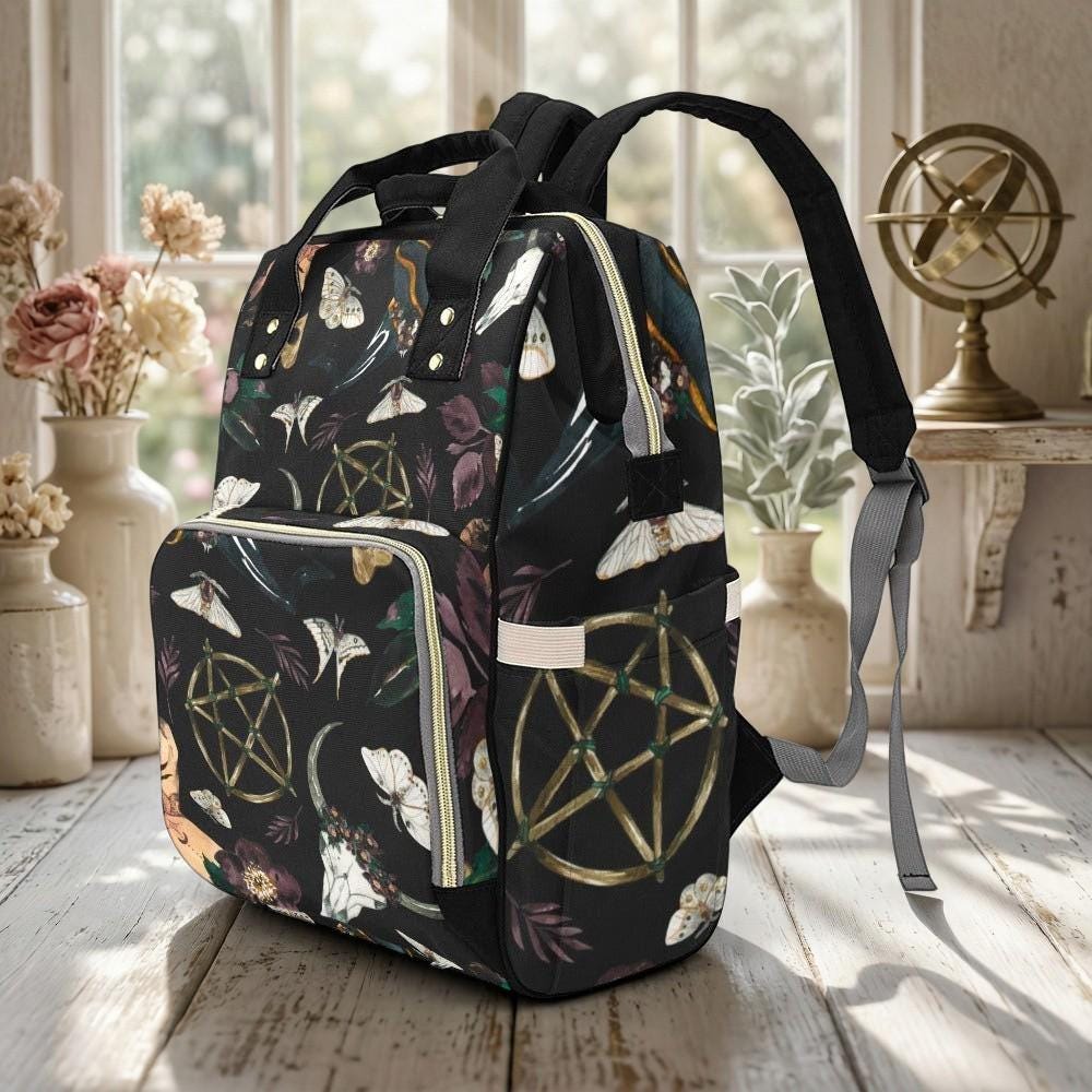 Witchy Diaper Bag Backpack, Moth Print Baby Bag, Mystic Nursery Organizer