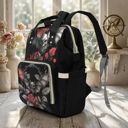 Bat Diaper Bag Backpack, Dark Rose Mom Bag, Nursery Travel Organizer
