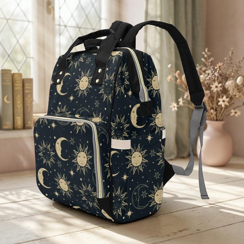 Celestial sun moon backpack, mystical diaper bag for moms, starry night travel tote
