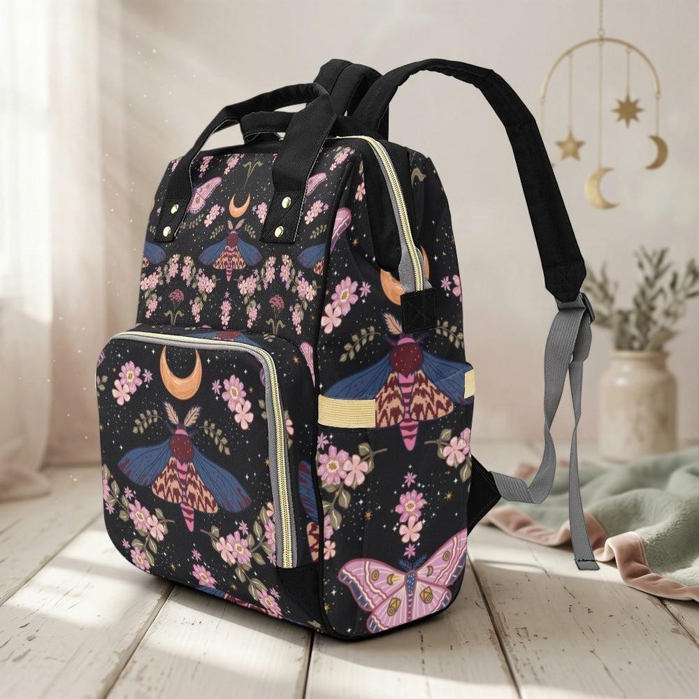 Moon Moth Diaper Backpack, Celestial Baby Bag, Boho Nursery Organizer