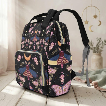 Moon Moth Diaper Backpack, Celestial Baby Bag, Boho Nursery Organizer