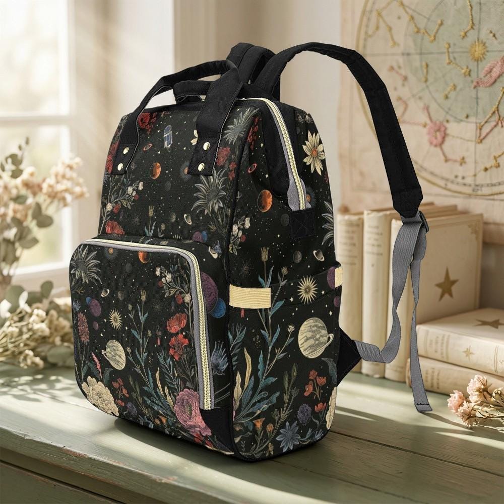 Floral Galaxy Diaper Backpack, Celestial Space Nursery Bag for Moms