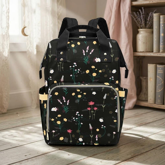 Backpack Diaper Bag, Dark Floral Meadow Backpack, Cottagecore Mom Bag, Black Wildflower Baby Backpack, Travel Organizer
