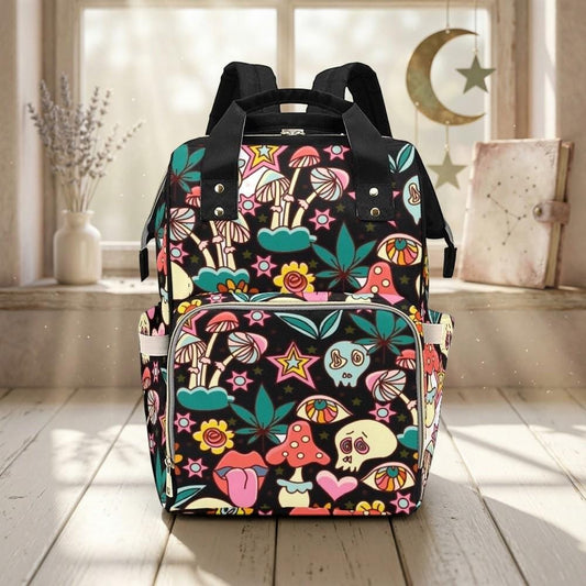 Colorful mushroom skull backpack, retro diaper bag, travel organizer, baby nursery backpack, statement print