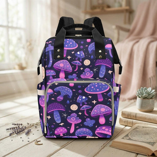 Purple Mushroom Diaper Backpack, Kawaii Fungi Baby Bag, Pastel Goth Organizer for Moms and Caretakers