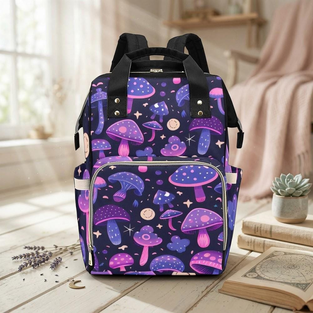 Mushroom Diaper Bag Backpack, Celestial Baby Bag, Boho Mom Backpack, Nursery Travel Organizer