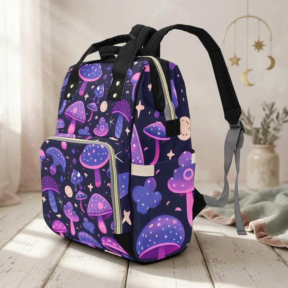 Mushroom Diaper Bag Backpack, Celestial Baby Bag, Boho Mom Backpack, Nursery Travel Organizer