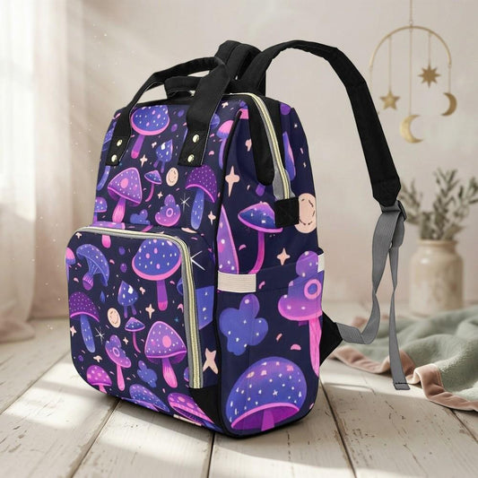 Purple Mushroom Diaper Backpack, Kawaii Fungi Baby Bag, Pastel Goth Organizer for Moms and Caretakers