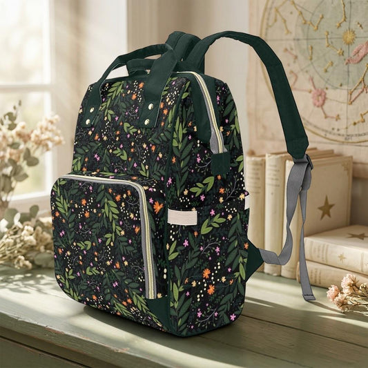 Dark Floral Diaper Backpack, Cottagecore Baby Bag, Woodland Mom Organizer, Botanical Nursery Gear