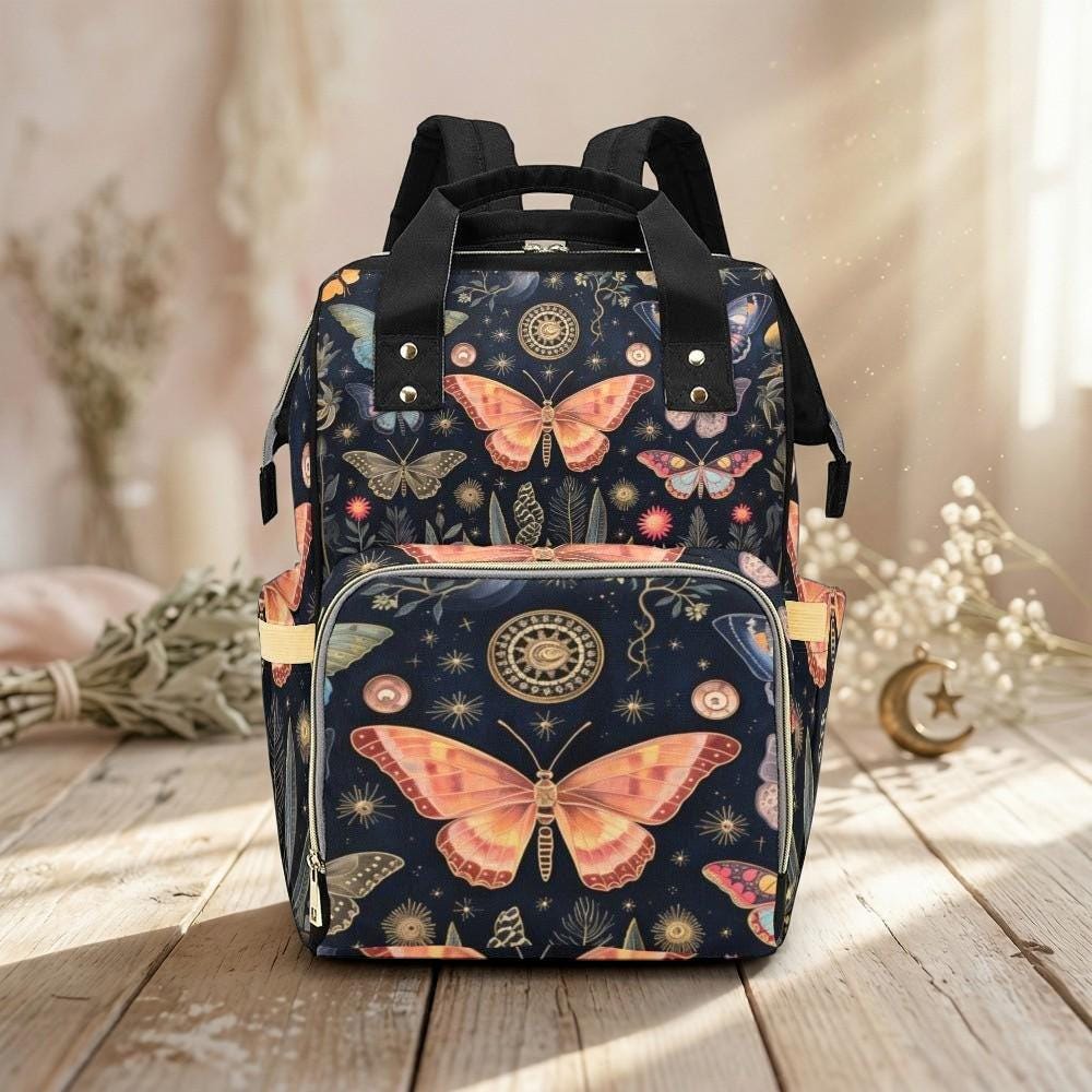 Moth Butterfly Diaper Backpack, Celestial Botanical Baby Bag, Vintage Nature Print, Cottagecore Baby Bag