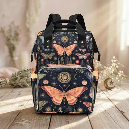 Moth Butterfly Diaper Backpack, Celestial Botanical Baby Bag, Vintage Nature Print, Cottagecore Baby Bag
